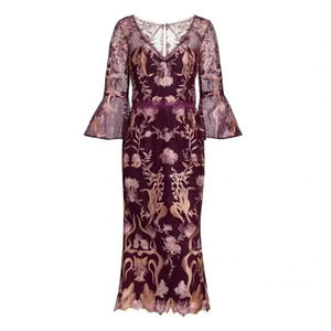 Marchesa Notte Flutter-Sleeve V-Neck Embroidered Guipure Lace Dress Size 2